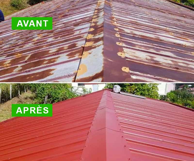 Étanchéité toiture - TECHNITOITURE974 dans l'île de la réunion 974. Travaux de nettoyage toiture et application d’un anti-mousse curatif et préventif. Vérification de l’étanchéité de la toiture + resserrage des boulons + traitement de la rouille. Application d’une peinture hydrofuge et thermorégulateur pour toiture qui apporte une étanchéité et une réduction de température sous tôle de -17°