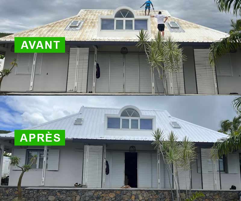 Étanchéité toiture - TECHNITOITURE974 dans l'île de la réunion 974. Travaux de nettoyage toiture et application d’un anti-mousse curatif et préventif. Vérification de l’étanchéité de la toiture + resserrage des boulons + traitement de la rouille. Application d’une peinture hydrofuge et thermorégulateur pour toiture qui apporte une étanchéité et une réduction de température sous tôle de -17°