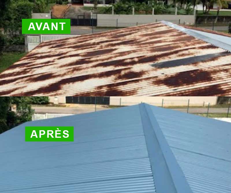 Étanchéité toiture - TECHNITOITURE974 dans l'île de la réunion 974. Travaux de nettoyage toiture et application d’un anti-mousse curatif et préventif. Vérification de l’étanchéité de la toiture + resserrage des boulons + traitement de la rouille. Application d’une peinture hydrofuge et thermorégulateur pour toiture qui apporte une étanchéité et une réduction de température sous tôle de -17°